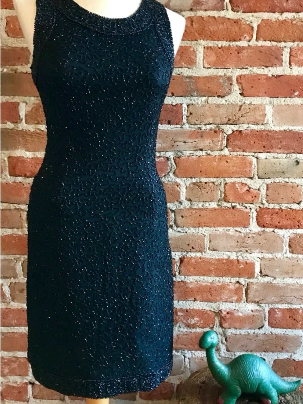 Laurence Kazar Black Beaded Sleeveless Mini Dress